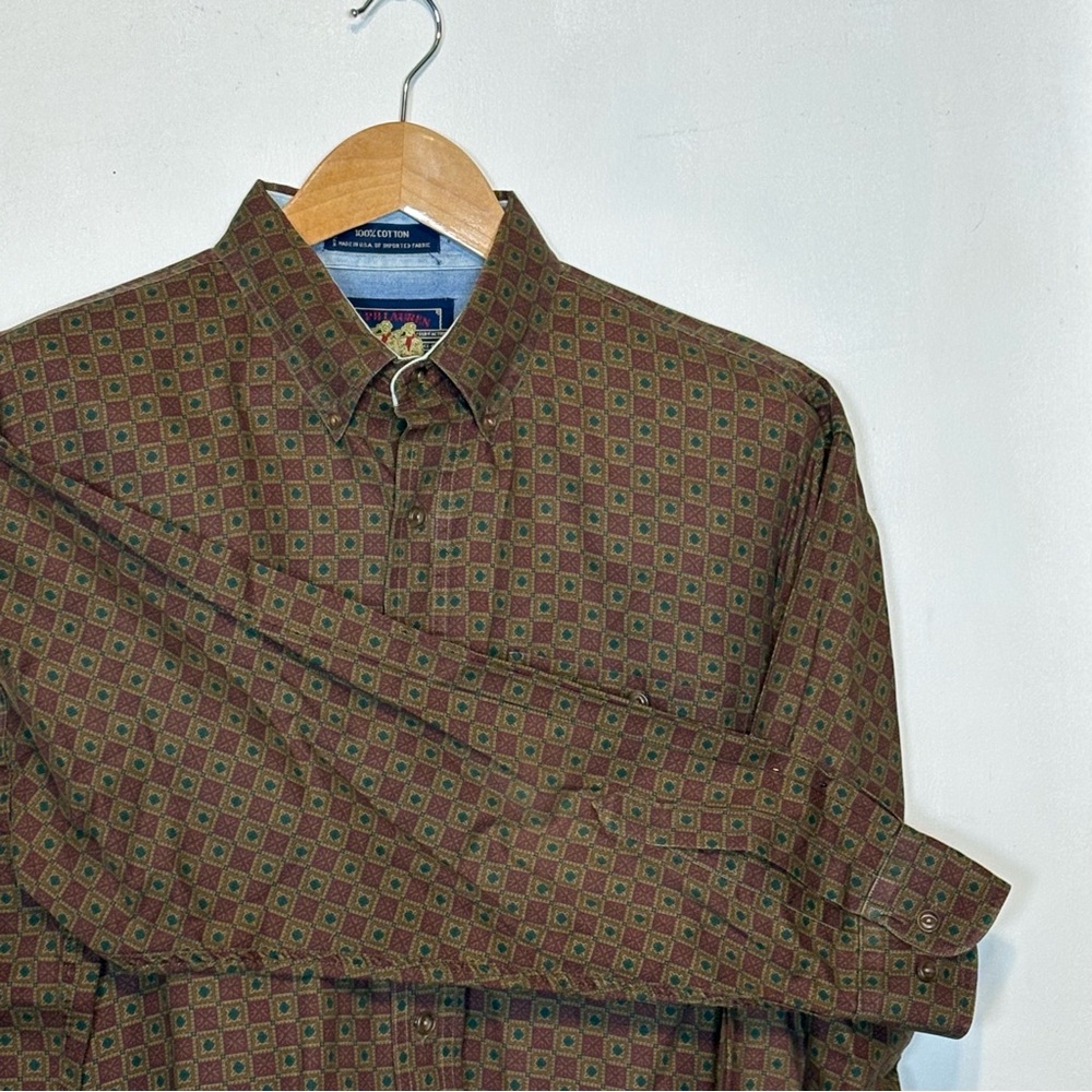Vintage 80's Ralph Lauren Men's Red & Blue and Gold Geometric Shirt Size L